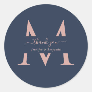 Moderne Navy Blue Blush Monogram Wedding Vielen Da Runder Aufkleber