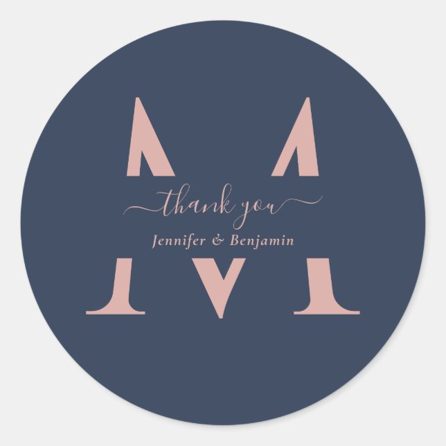 Moderne Navy Blue Blush Monogram Wedding Vielen Da Runder Aufkleber (Vorderseite)