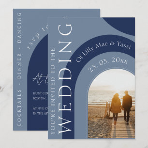 Moderne Navy-Blue-Bogen-Foto-Hochzeit Einladung