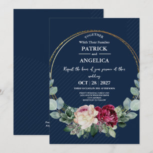 Moderne Navy Blue Burgundy Gold Blush Pink Wedding Einladung