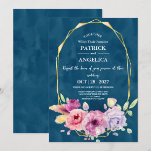 Moderne Navy Blue Burgundy Gold Blush Pink Wedding Einladung