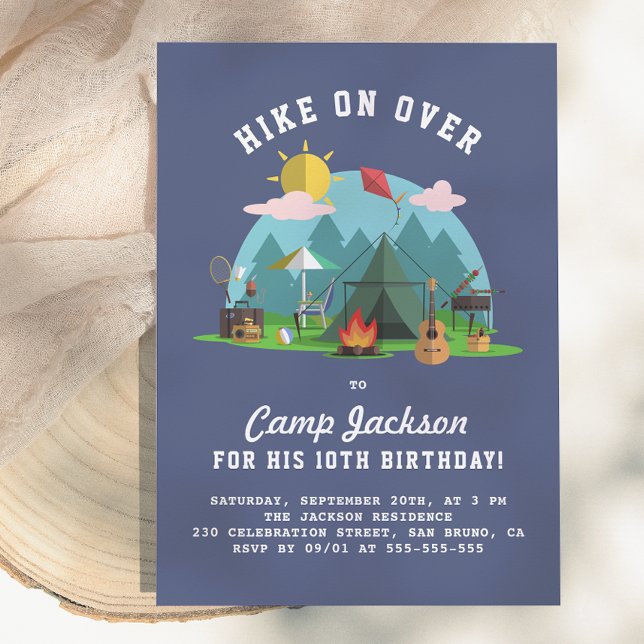 Moderne Navy-Blue-Camping-Geburtstagsfeier Einladung (Von Creator hochgeladen)