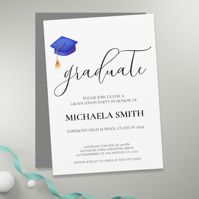Moderne Navy Blue Cap High School Graduation Party Einladung (Modern Navy Blue Cap High School Graduation Party Invitation)