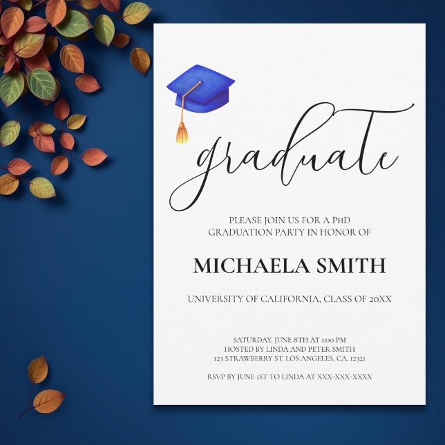 Moderne Navy Blue Cap PhD Graduation Party Einladung (Von Creator hochgeladen)