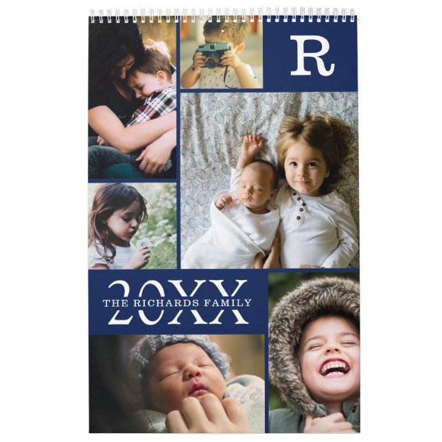 Moderne Navy Blue Color Block Family Foto Collage Kalender (Titelbild)