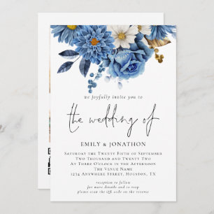 Moderne Navy Blue Florals 3 Fotos Hochzeit Einladung