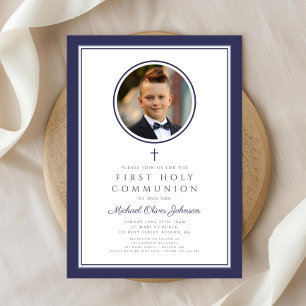 Moderne Navy-Blue-Foto Junge Erste Kommunion Einladung