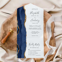 Moderne Navy Blue Gold Agate Hochzeit All In One Einladung