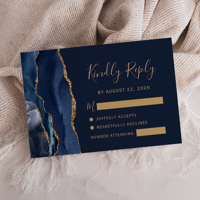 Moderne Navy Blue Gold Agate Wedding RSVP Card Karte (Von Creator hochgeladen)
