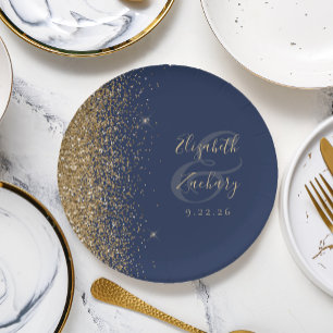 Moderne Navy Blue Gold Glitzer Edge Wedding Pappteller