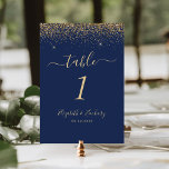 Moderne Navy Blue Gold Glitzer Edge Wedding Tischnummer<br><div class="desc">Die elegante,  moderne Tischnummer besticht durch ihr Design im Glitzer mit vergoldeten Imitaten. Der anpassbare Text kombiniert eine helle,  goldfarbene Handschrift,  Copperplate und kursiv gestaltete Schriftart auf marinebasischem Hintergrund.</div>