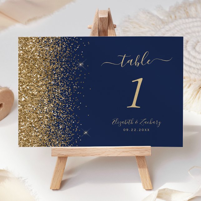 Moderne Navy Blue Gold Glitzer Edge Wedding Tischnummer (Von Creator hochgeladen)