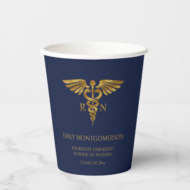Moderne Navy Blue Gold Nursing School RN Abschluss Pappbecher (Vorderseite)