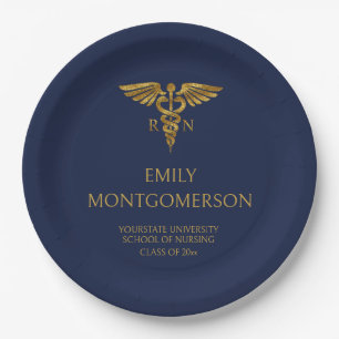 Moderne Navy Blue Gold Nursing School RN Abschluss Pappteller