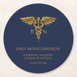 Moderne Navy Blue Gold Nursing School RN Abschluss Runder Pappuntersetzer