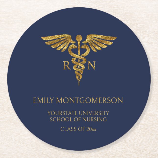Moderne Navy Blue Gold Nursing School RN Abschluss Runder Pappuntersetzer (Vorderseite)