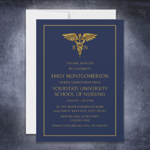 Moderne Navy Blue Gold Nursing School RN Graduate Einladung