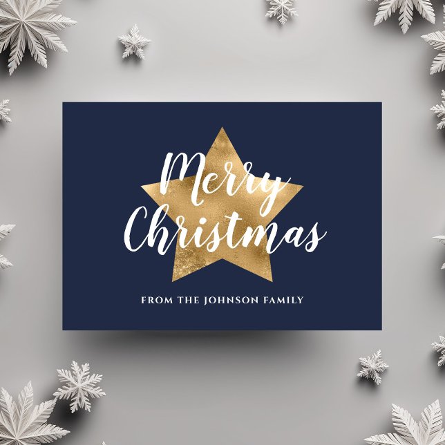 Moderne Navy Blue Gold Star Frohe Weihnachten Postkarte (Modern Navy Blue Gold Star Merry Christmas Postcard)