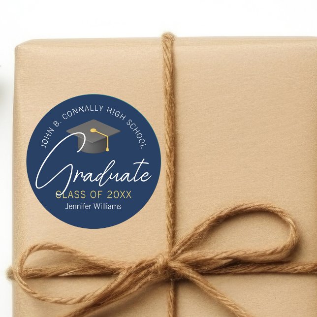 Moderne Navy Blue Graduate Custom Graduate Party Runder Aufkleber (Von Creator hochgeladen)
