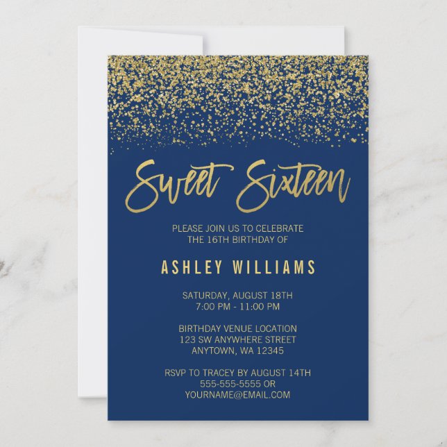 Moderne Navy Blue Imitate Gold Glitzer Sweet 16 Einladung (Vorderseite)