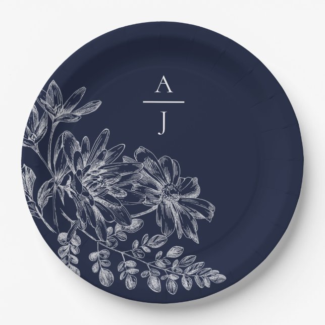 Moderne Navy Blue Monogram Floral Paper Plate Pappteller (Vorderseite)