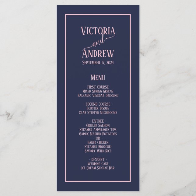 Moderne Navy Blue Pink Script Minimal Hochzeit Menükarte (Vorderseite)