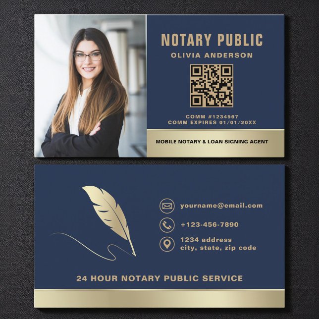 Moderne Navy-Blue-QR-Code-Foto-Notar Visitenkarte (Von Creator hochgeladen)