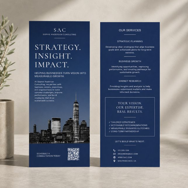 Moderne Navy Blue QR-Code Professional Consultant Werbekarte (Modern Navy Blue QR Code Professional Consultant Rack Card)