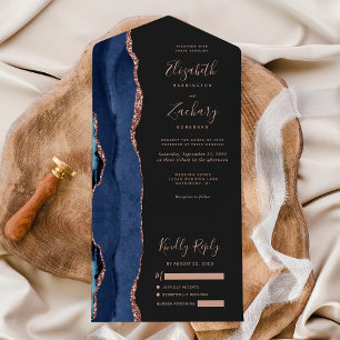 Moderne Navy Blue Rose Gold Agate Dark Wedding All In One Einladung