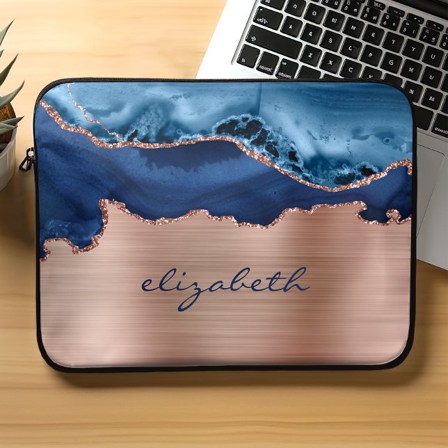 Moderne Navy Blue Rose Gold Agate Metallic Laptopschutzhülle (Von Creator hochgeladen)