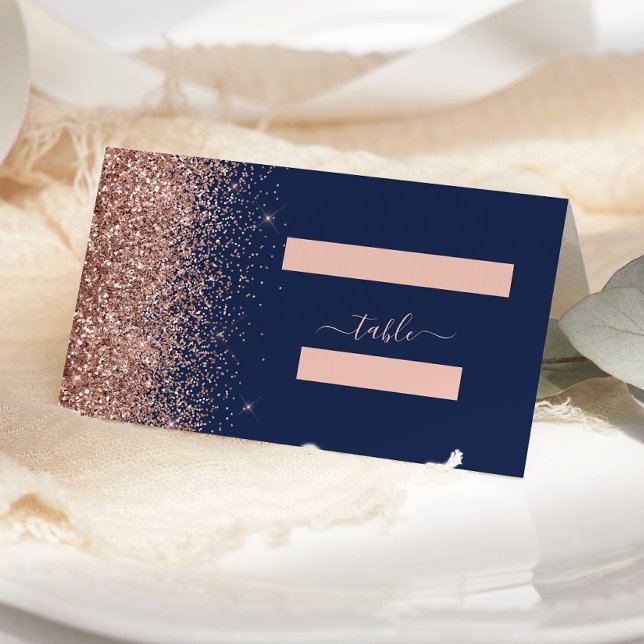 Moderne Navy Blue Rose Gold Glitzer Edge Wedding Platzkarte (Von Creator hochgeladen)