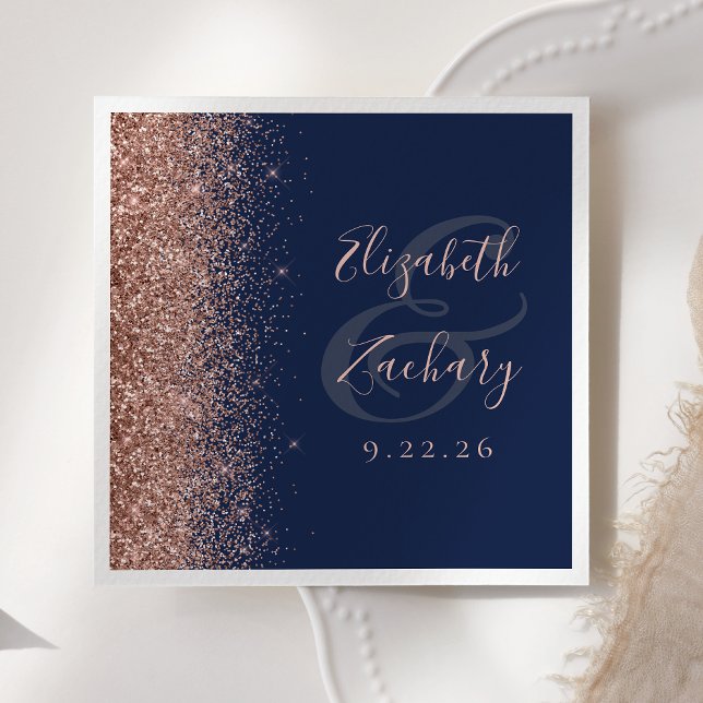 Moderne Navy Blue Rose Gold Glitzer Edge Wedding Serviette (Von Creator hochgeladen)