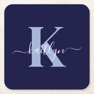 Moderne Navy-Blue-Schrift-Monogramm Rechteckiger Pappuntersetzer