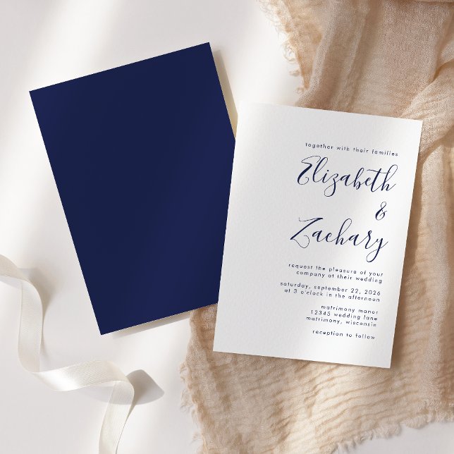 Moderne Navy Blue Script Hochzeit Einladung (Von Creator hochgeladen)