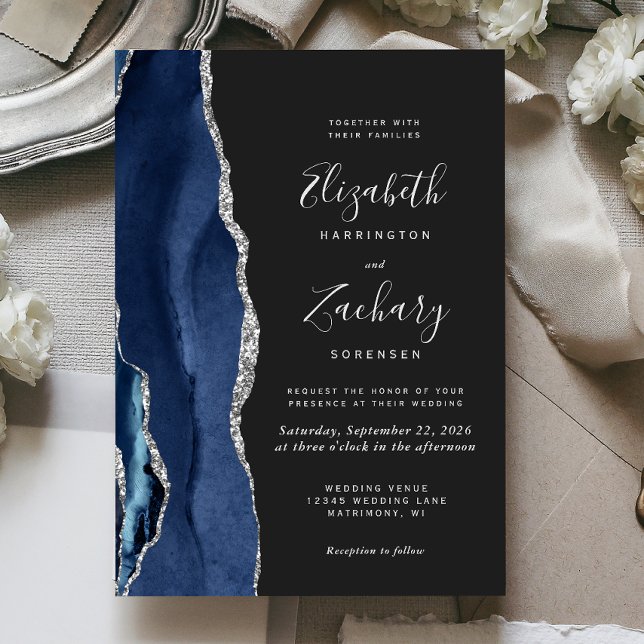 Moderne Navy Blue Silver Agate Dark Wedding Einladung (Von Creator hochgeladen)