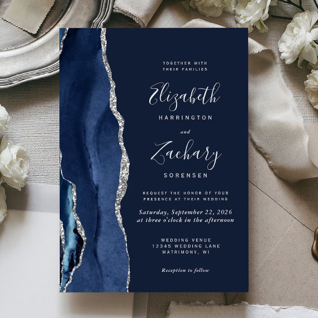 Moderne Navy Blue Silver Agate Hochzeit Einladung (Von Creator hochgeladen)