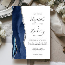 Moderne Navy Blue Silver Agate Hochzeit Einladung
