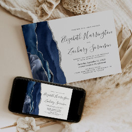Moderne Navy Blue Silver Agate Hochzeit Einladung