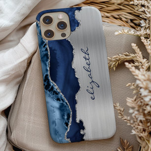 Moderne Navy Blue Silver Agate Metallic Case-Mate iPhone Hülle