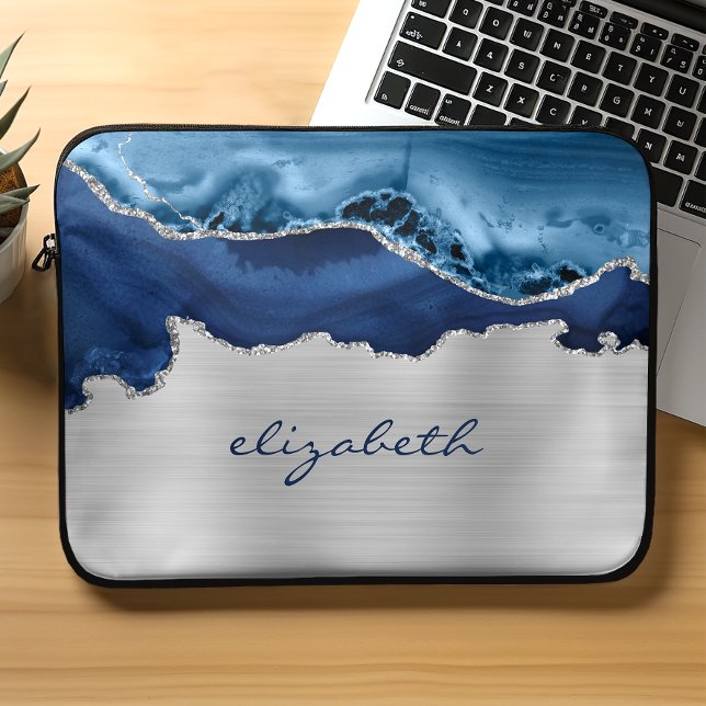 Moderne Navy Blue Silver Agate Metallic Laptopschutzhülle (Von Creator hochgeladen)