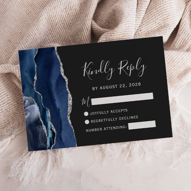 Moderne Navy Blue Silver Agate Wedding RSVP Card (Von Creator hochgeladen)
