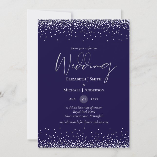 Moderne Navy Blue Silver Confetti Wedding (Vorderseite)