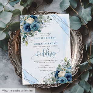 Moderne Navy Blue Silver Rose Einladung Hochzeit