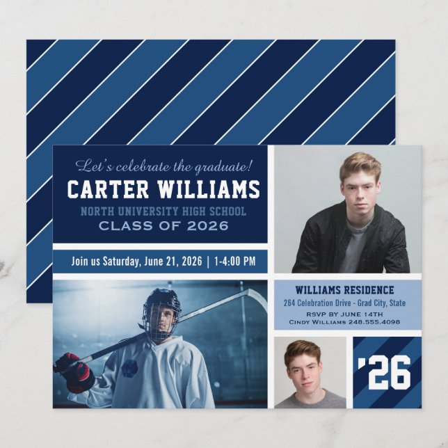 Moderne Navy Blue Strip Abschluss FotoCollage Einladung (Vorne/Hinten)