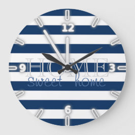 Moderne Navy Blue Stripes,Zuhause Sweet Zuhause Große Wanduhr