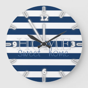 Moderne Navy Blue Stripes,Zuhause Sweet Zuhause Große Wanduhr