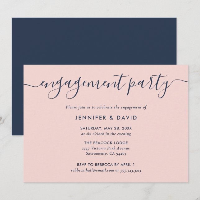Moderne Navy Blue und Blush Engagement Party Einladung (Vorne/Hinten)