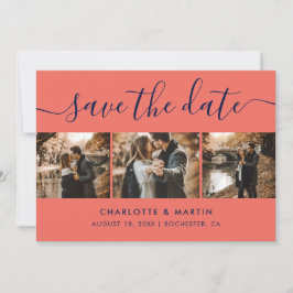 Moderne Navy Blue und Coral Foto Collage Save The Date