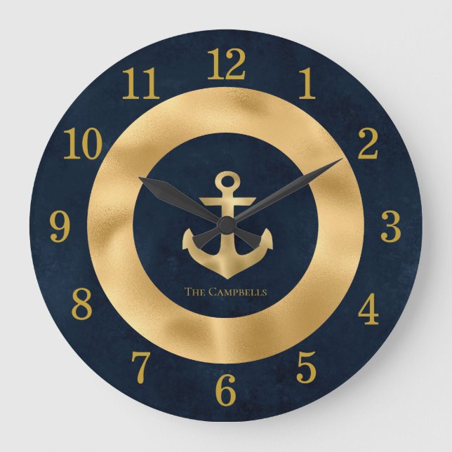 Moderne Navy Blue und Gold Nautical Anchor Große Wanduhr (Vorderseite)