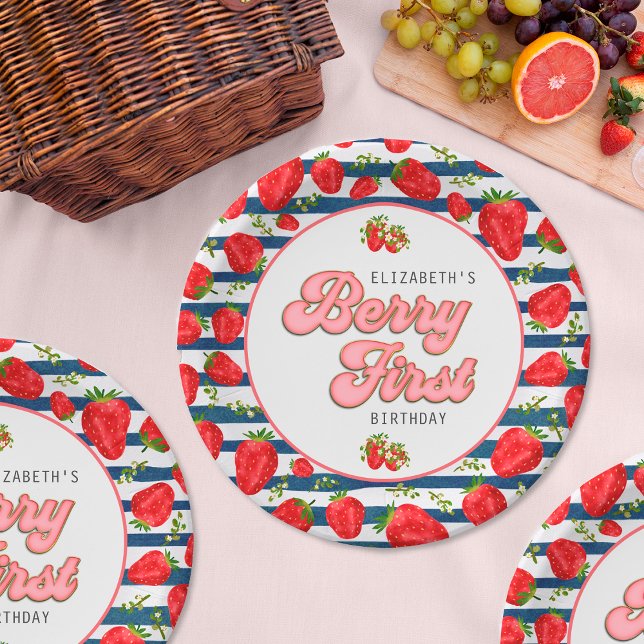 Moderne Navy Blue und White Stripes Berry First Pappteller (Von Creator hochgeladen)